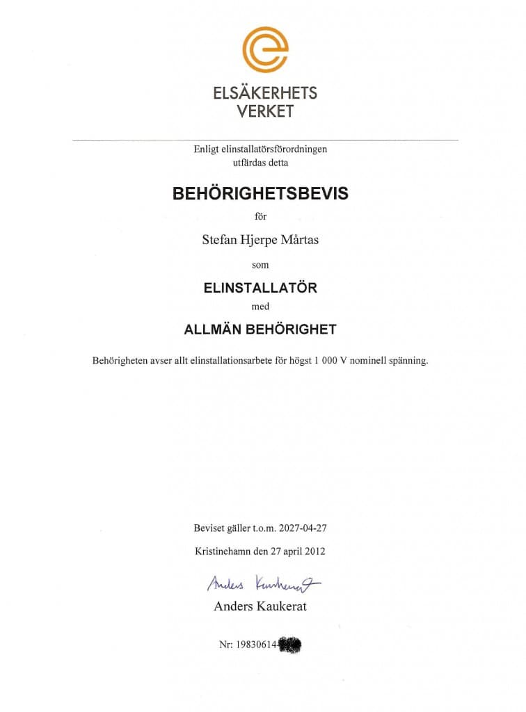Behörighetsbevis från Elsäkerhetsverket för Stefan Hjerpe Mårtas: elinstallatör med allmän behörighet, gäller till och med 2027-04-27.